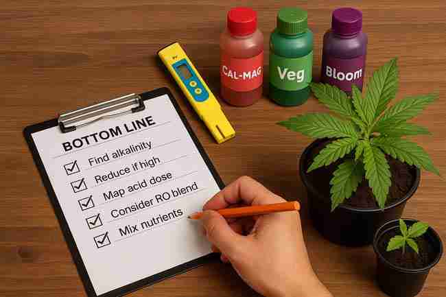 Cannabis grower checklist with Cal-Mag bottles, pH meter, and healthy cannabis plants on wooden surface.