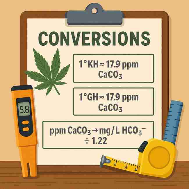 Cannabis water conversion chart with clipboard, cannabis leaf, pH meter, and measuring tools showing KH and GH values.