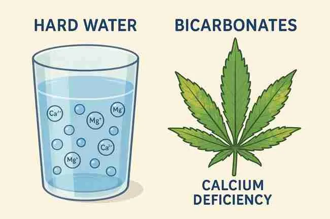 Illustration showing a glass of hard water with calcium and magnesium ions beside a cannabis leaf with calcium deficiency.