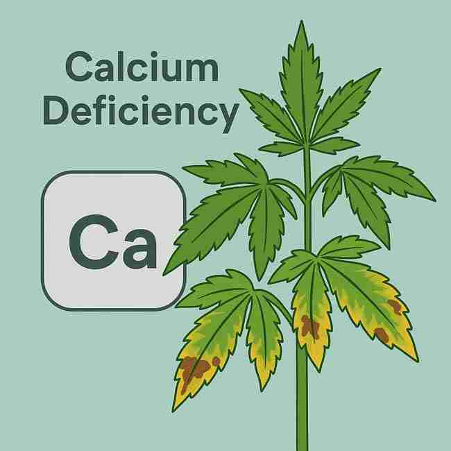 Illustration of cannabis plant with calcium deficiency signs beside calcium element symbol, showing importance of water report reading.