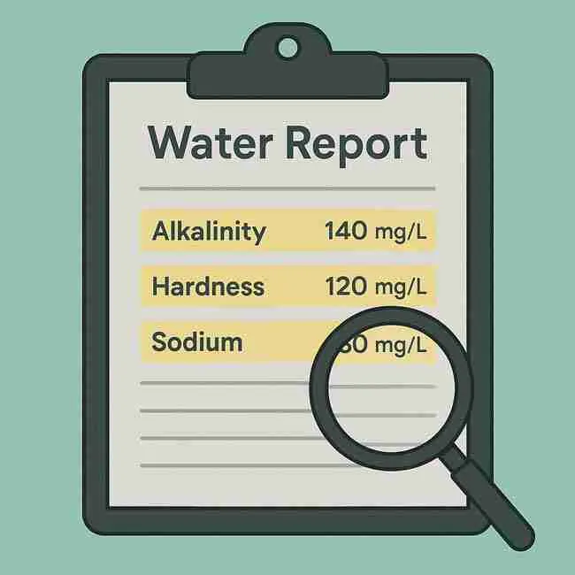 Illustration of a water report on clipboard with highlighted alkalinity, hardness, and sodium values under magnifying glass.