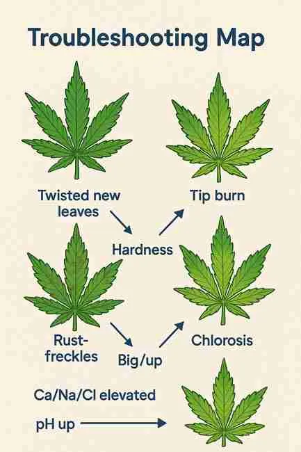 Infographic showing cannabis leaves with twisted growth, tip burn, rust freckles, and chlorosis linked to water hardness issues.