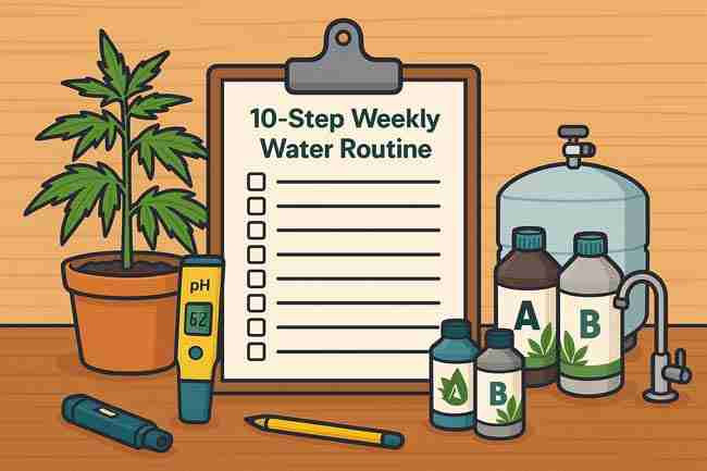 Illustration of cannabis grower’s weekly checklist with pH meter, nutrient bottles, RO filter, and healthy plant.
