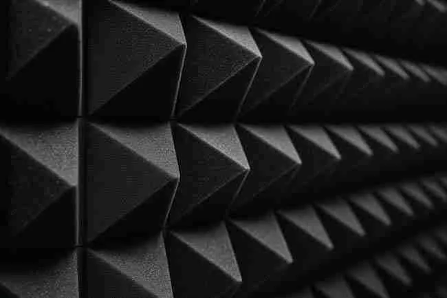 Close-up of black acoustic foam panels and vibration pads used to soundproof a stealth grow room and reduce fan and pump noise.