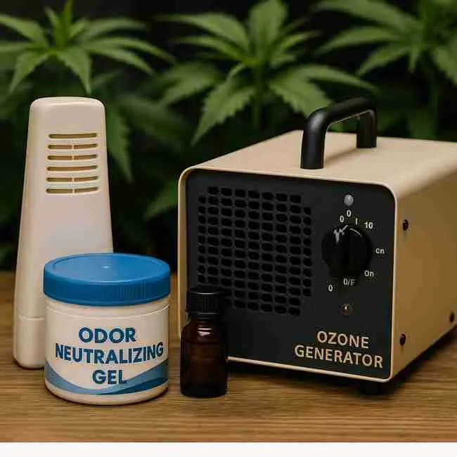 Odor control setup with ozone generator, carbon filter, and neutralizing gels used for advanced stealth grow room smell management.