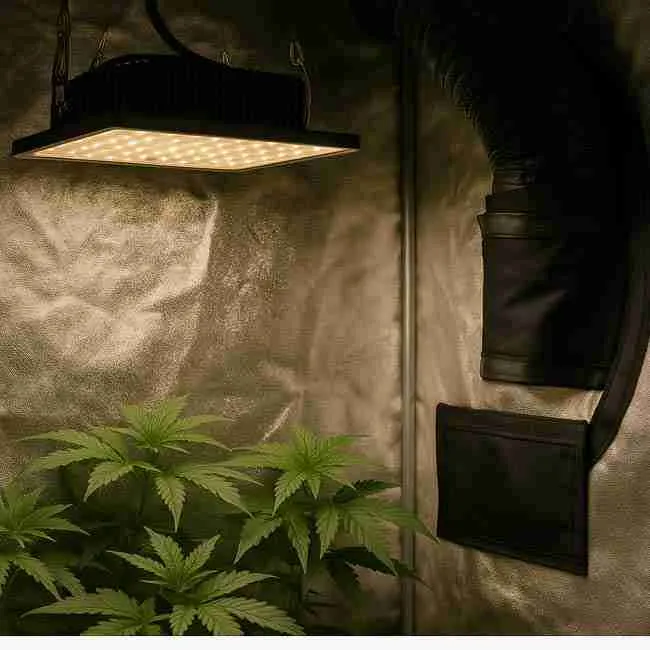 Indoor cannabis grow tent at night showing LED panel, blackout flaps, and sealed vents designed to eliminate light leaks for stealth grow room lighting control.
