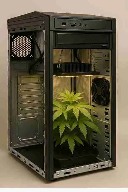 Repurposed PC case converted into a micro cannabis grow box with LED lighting and ventilation fan, demonstrating stealth grow room enclosure ideas.