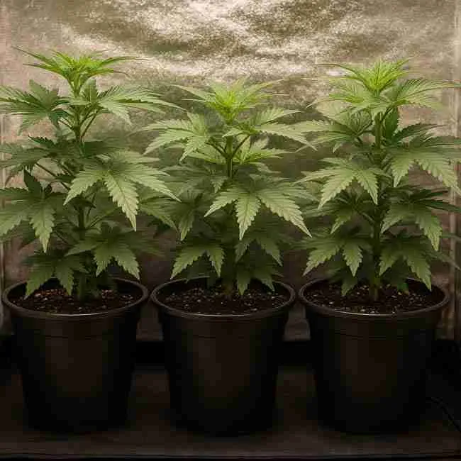 Indoor cannabis grow tent showing S-flow airflow layout with intake at bottom, clip fan across canopy, and carbon filter with insulated ducting exhausting at top.