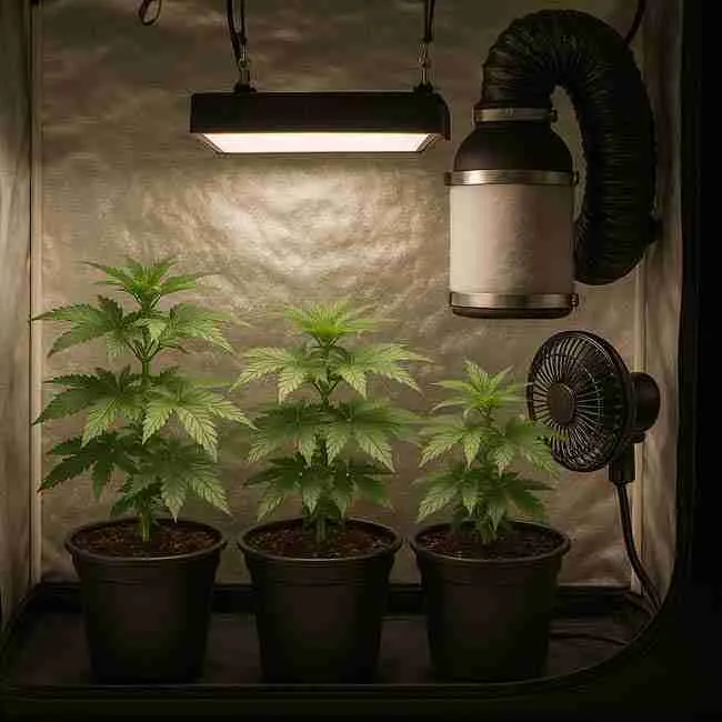 Indoor cannabis grow tent showing LED light, carbon filter, fan, power strip with drip loops, and tidy cords demonstrating safe power and heat control in stealth grow room.