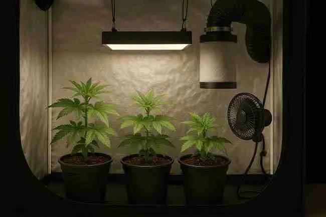 Indoor cannabis grow tent with fabric pots on trays, clean floor, and towel used for wiping surfaces to control moisture and odor in stealth grow room.
