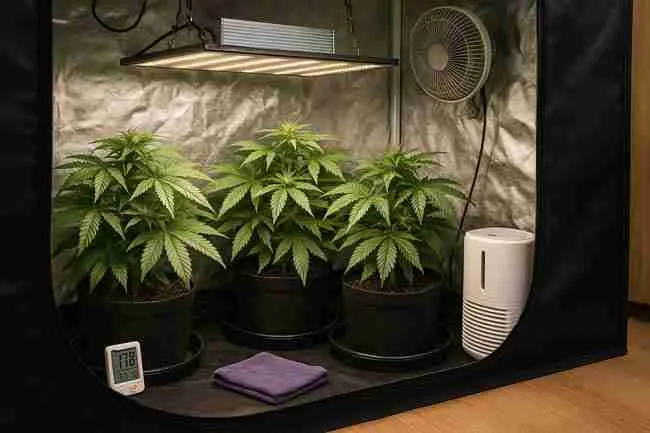 Compact autoflower and indica cannabis plants under LED lights in small stealth grow tent showing discreet low-noise, low-odor varieties ideal for stealth growing.