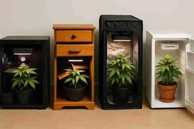 Stealth cannabis grow setups featuring quiet EC fan, carbon filter, insulated ducting, silencer, and controller arranged for discreet stealth grow room performance.