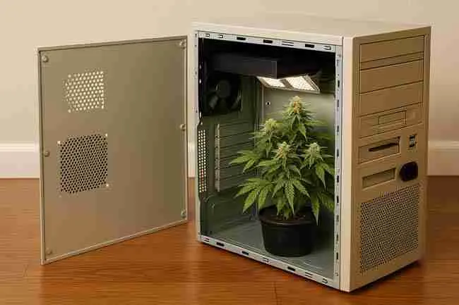 Advanced odor control setup showing EC fan connected to dual carbon filters, insulated ducting, silencer, and small ozone generator for stealth cannabis grow room air purification.