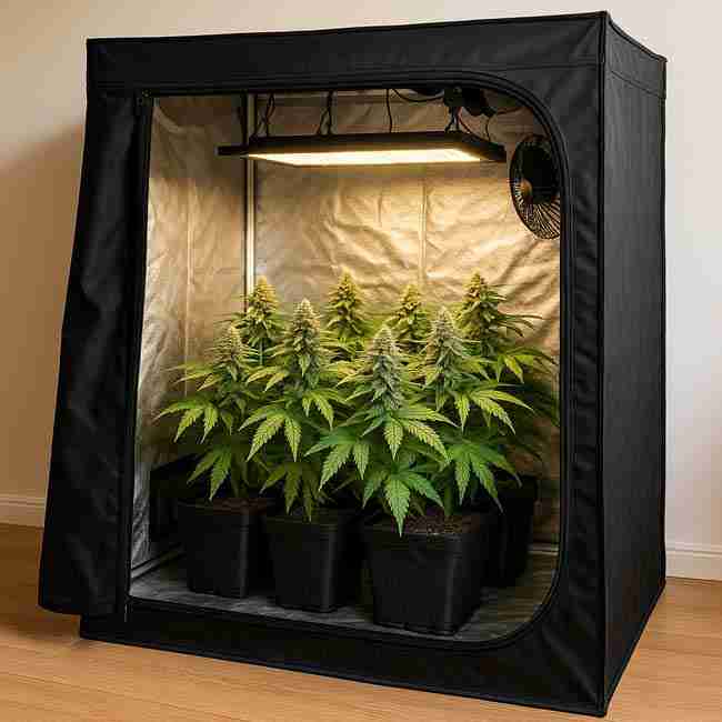 Indoor cannabis grow tent showing airflow system with fan, carbon filter, and insulated ducting labeled with CFM numbers representing airflow calculations for stealth grow room sizes.