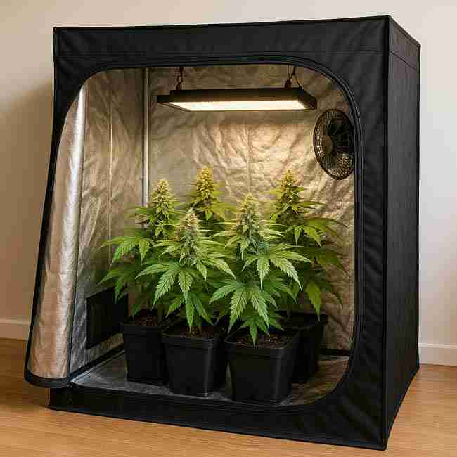 Stealth cannabis grow room hidden behind household furniture like bookshelf and dresser with fan muffler box and vent showing clever disguise techniques for stealth growing.