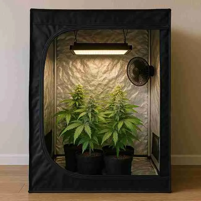 Side-by-side indoor cannabis setups comparing stealth grow room efficiency, one small and quiet with discreet lighting versus one large and loud with visible filters and bright lights.