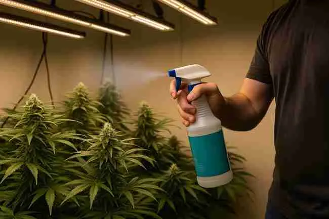 Cannabis grower using odor-neutralizing spray while inspecting plants under LED lights, representing common stealth grow room FAQs about smell and noise control.