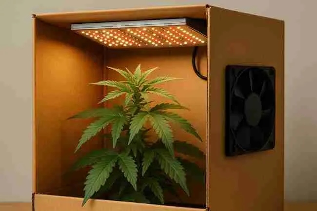 Grower holding printed stealth grow room checklist beside small tent, checking items like carbon filter, insulated ducting, rubber pads, and baffled intake for proper stealth setup.