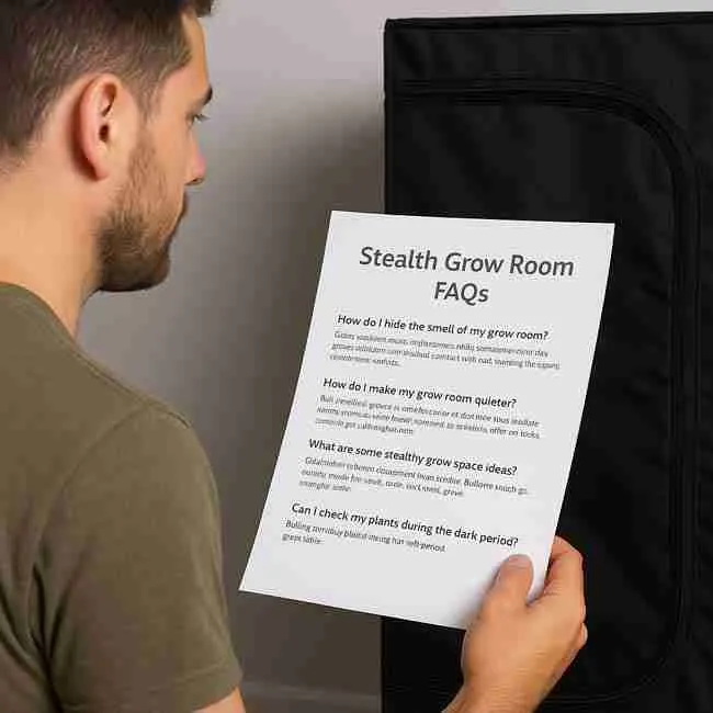 Cannabis grower sketching stealth grow room plan on notebook beside tent, fan, and carbon filter showing complete airflow and layout planning for discreet setup.