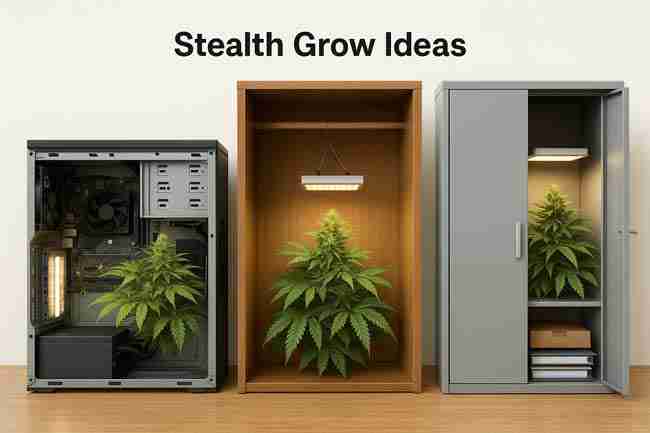 Closed stealth cannabis grow tent setup with quiet fan, sealed ducting, and subtle lighting symbolizing completed stealth grow room that is clean, quiet, and invisible.
