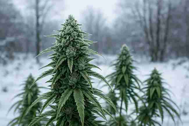 Frost-covered cannabis plants standing tall outdoors in a cold, snowy landscape, highlighting winter conditions for cold climate curing.