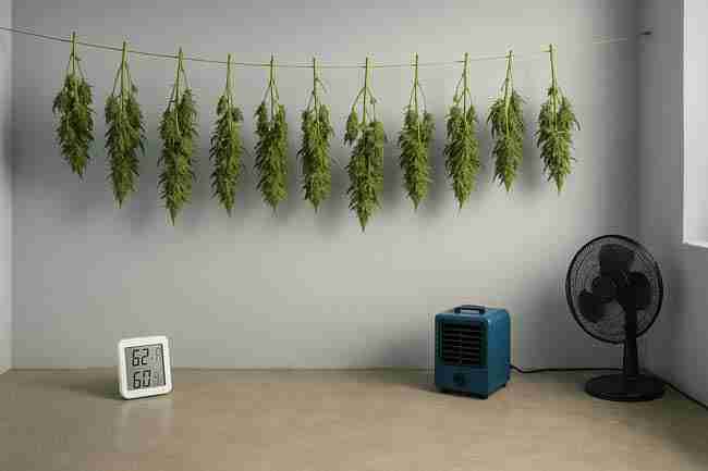 Cannabis branches hanging to dry in a cold-weather curing room with a hygrometer, heater, and fan showing the challenges of curing in low temperatures.