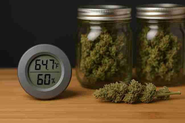Cannabis buds in glass jars beside a digital hygrometer displaying ideal curing conditions of 64°F and 60% humidity for a proper slow cure.