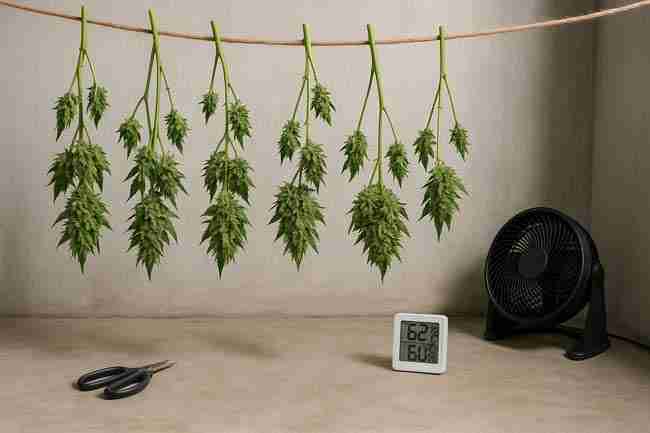 Freshly harvested cannabis branches hanging to dry with a hygrometer and fan showing the step-by-step drying setup for a proper cold climate cannabis cure.