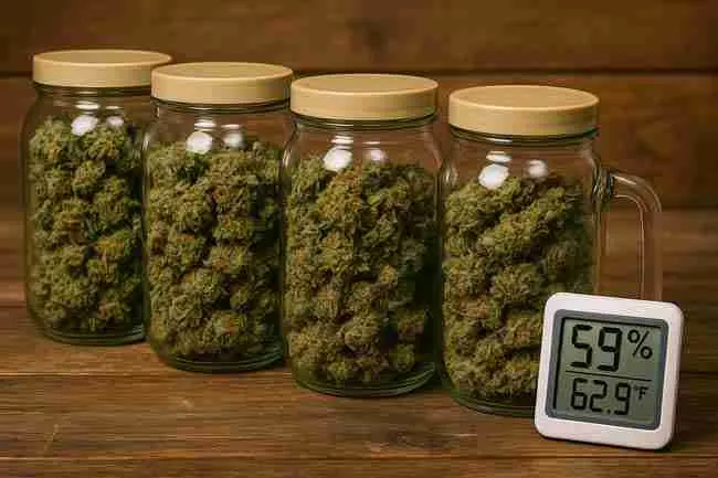 Glass jars packed with cannabis buds beside a hygrometer reading 59% humidity and 62°F, showing the ideal moisture range to prevent mold during a slow cure.