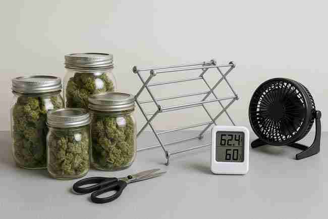 Cannabis curing tools including jars, scissors, drying rack, hygrometer reading 62°F and 60% humidity, and a fan arranged together as a complete cold-climate curing toolkit.