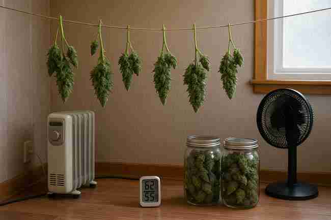 Drafty indoor room converted into a curing space with hanging cannabis branches, jars, an oil-filled heater, fan, and hygrometer showing how to control cold-room conditions.