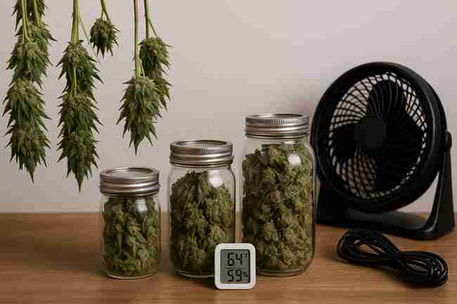 Cannabis hanging to dry beside jars of cured buds, a hygrometer showing 64°F and 59% humidity, and a fan to highlight the pros and cons of cold-climate curing conditions.