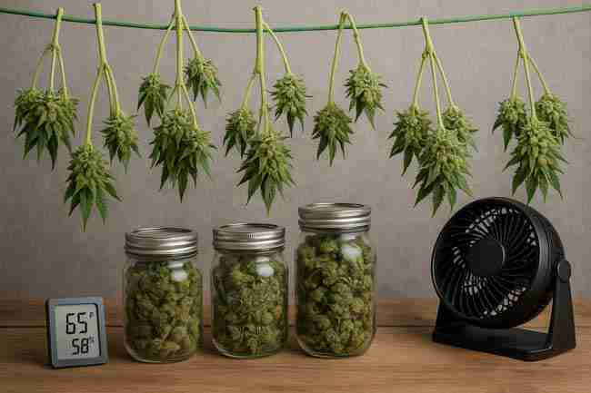 Cannabis buds hanging above jars of cured flower with a hygrometer reading 65°F and 58% humidity and a fan nearby, showing common curing mistakes to avoid.