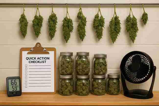 Cannabis hanging to dry above jars of cured buds with a hygrometer reading 66°F and 59% humidity, plus a clipboard checklist and fan showing the full curing action steps.