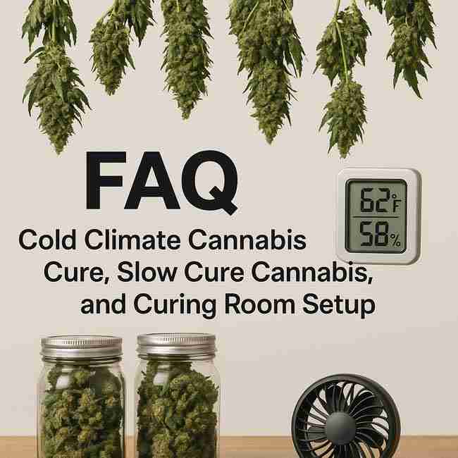 Cannabis branches hanging above jars, a hygrometer reading 62°F and 58% humidity, and a fan arranged together to illustrate common questions about cold climate cannabis curing.