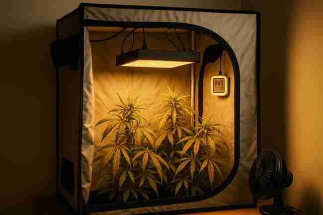 Cannabis plants inside a small grow tent overheating under LED lights, with a thermometer showing high temperatures and a fan struggling to cool the space.