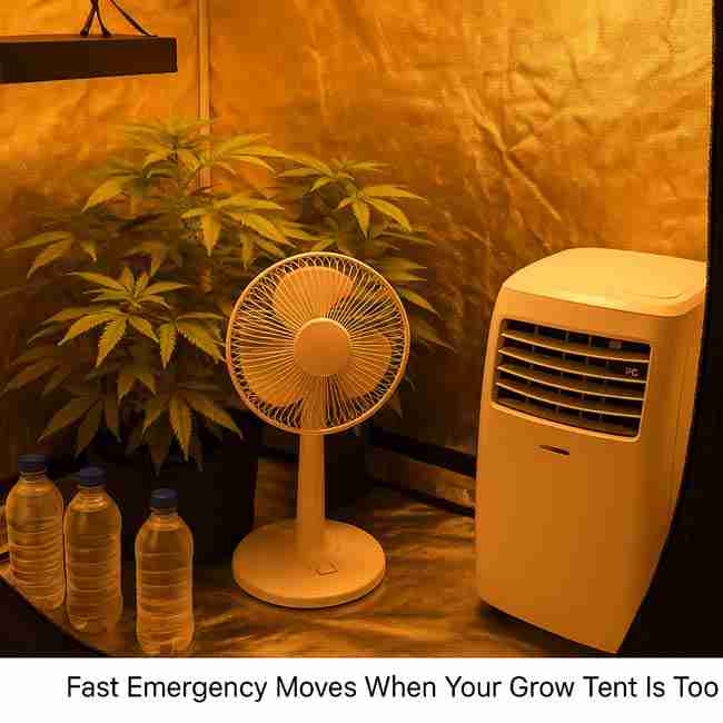 Grow tent with cannabis plants being cooled using a fan, frozen water bottles, and a portable AC unit during a heat emergency.