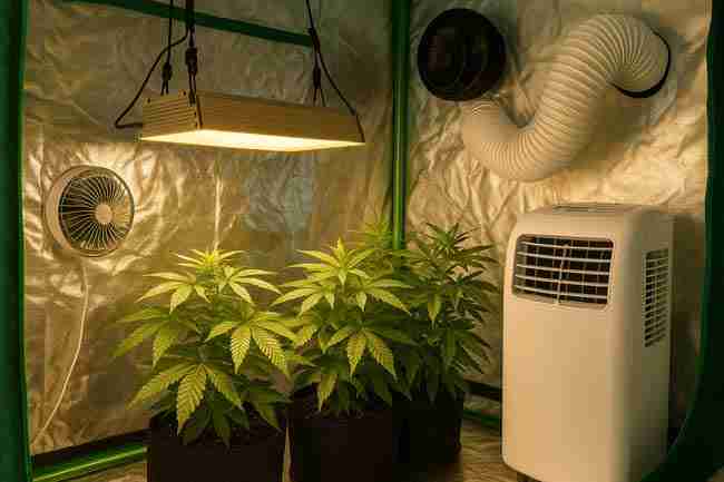 Cannabis plants under a dimmed and raised LED grow light with a circulation fan to help reduce heat stress.