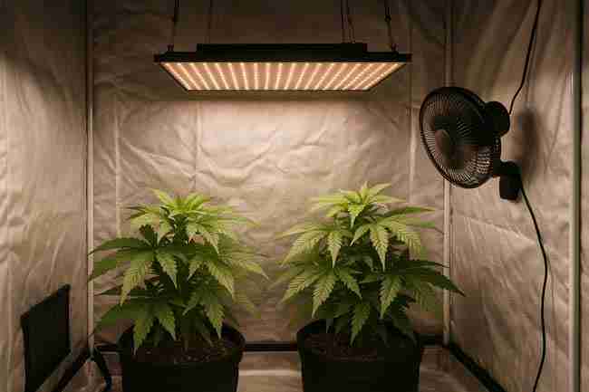 Cannabis plants in fabric pots inside a grow tent with a thermometer and tower fan showing root-zone and canopy heat management.