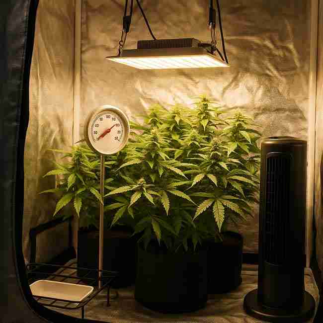 Complete grow tent setup with ventilation ducting, LED grow light, thermometer, and healthy cannabis plants ready for heat-resistant growing.