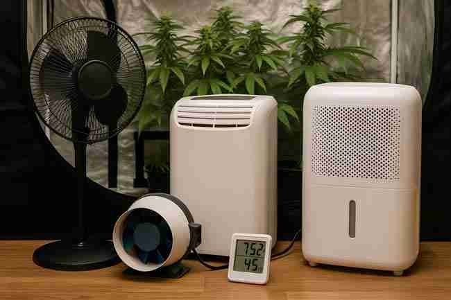 Printed FAQ board showing common questions and answers about cooling a cannabis grow tent during summer heat.