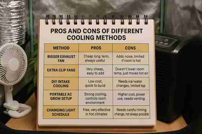 Spiral notebook chart listing pros and cons of different grow tent cooling methods with fans, ducting, and cooling equipment in the background.