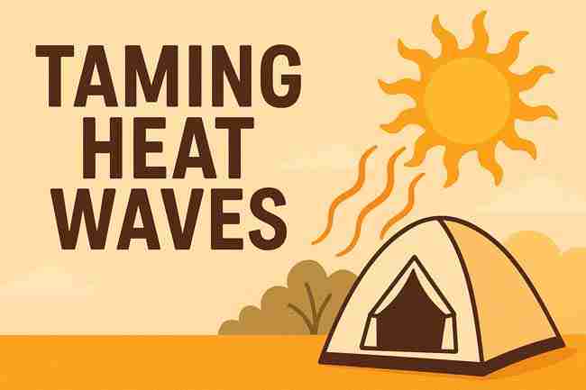 Illustration of a hot sun heating a small tent with heat waves rising, symbolizing managing high temperatures.