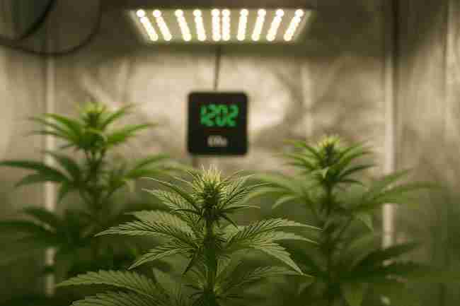 Indoor cannabis grow tent with lush green plants under LED lights and a digital CO₂ meter reading 1200 ppm, illustrating safe cannabis CO₂ enrichment setup.