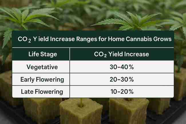 Two thriving cannabis plants under LED grow lights showing dense buds and a CO₂ controller reading 1300 ppm, representing enhanced growth from optimal cannabis CO₂ enrichment.