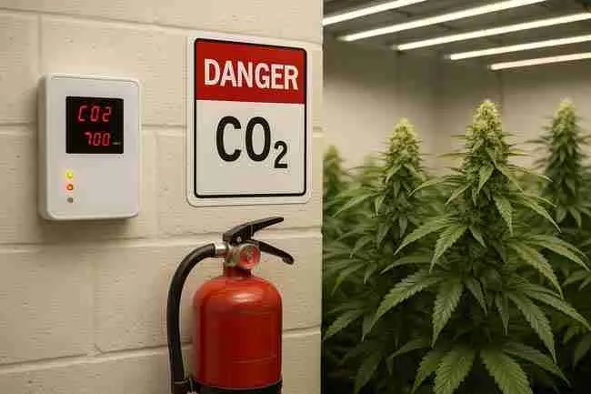 Sealed cannabis grow room showing CO₂ tanks, air conditioner, dehumidifier, and fans working together to maintain balanced cannabis CO₂ ppm and climate control.