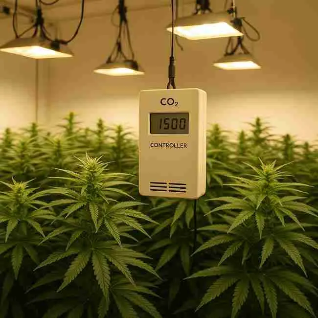 Cannabis grow room showing a CO₂ tank with regulator beside a propane burner under LED lights, illustrating CO₂ source options for home cannabis grows.