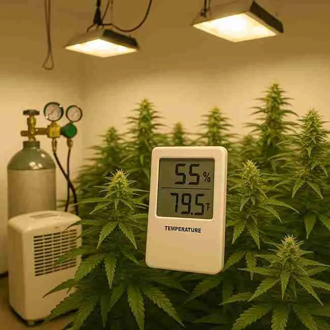 Cannabis grow room showing CO₂ sensor at canopy height and emitter tube releasing CO₂ evenly above plants for balanced distribution and optimal cannabis CO₂ ppm control.