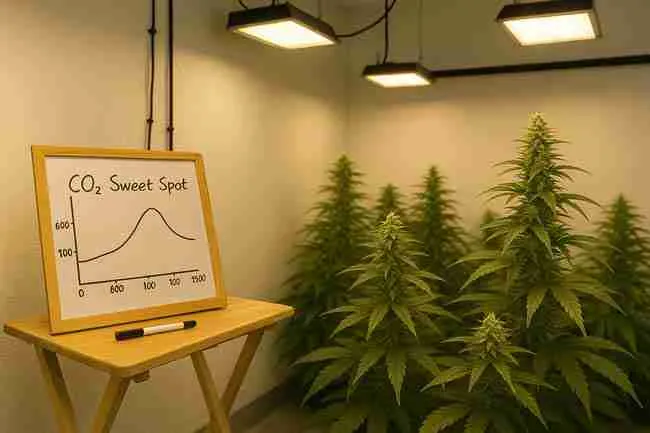 Cannabis grow room showing plants at seedling, vegetative, and flowering stages under LED lights with temperature and CO₂ control equipment demonstrating ideal cannabis CO₂ ppm for each phase.