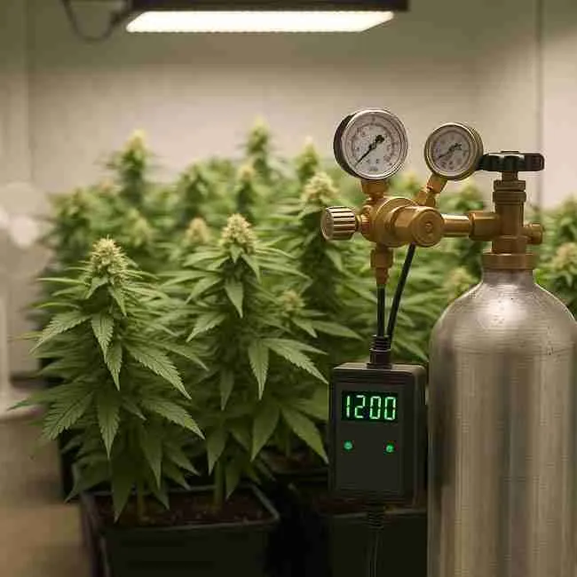 Cannabis grow room with a CO₂ tank, pressure gauges, and digital controller reading 1200 ppm beside flowering plants, representing CO₂ safety and monitoring levels for human and plant health.